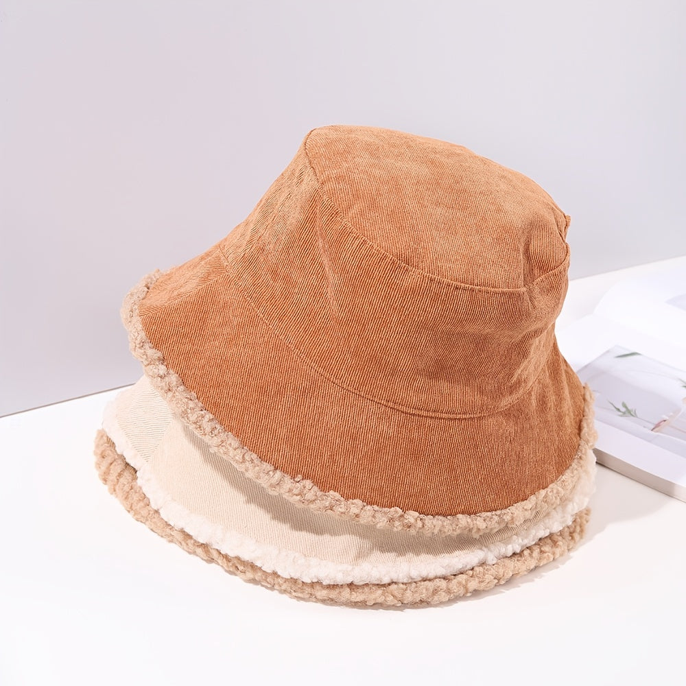 Warm Lamb Wool Bucket Hat Fleece Corduroy Flat Top 4 Colors