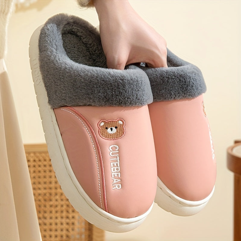 Women's Cartoon Bear Print Slippers Plush Lined Platform Shoes