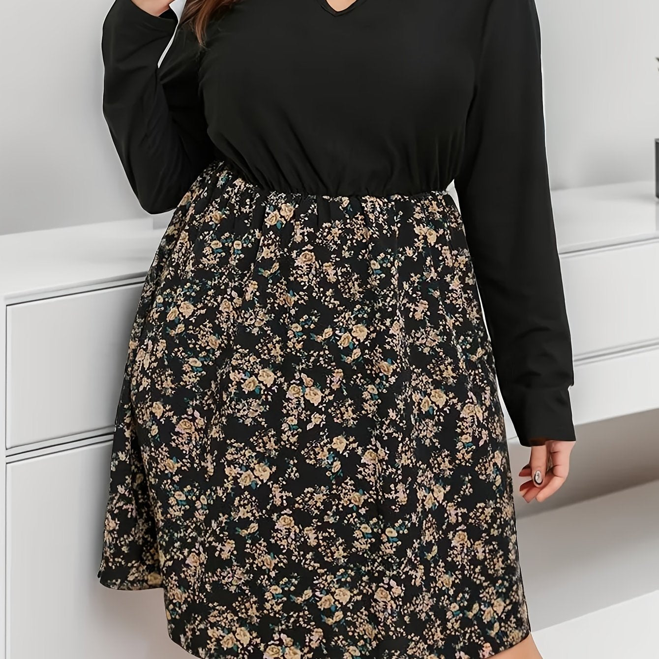 Colorblock Floral Print V Neck Dress