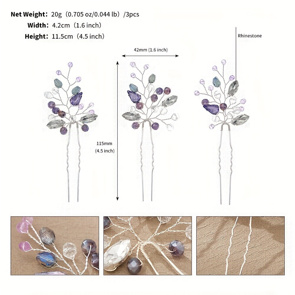 3pcs Crystal Hairpin U Shaped Head Jewelry Hair Accessories