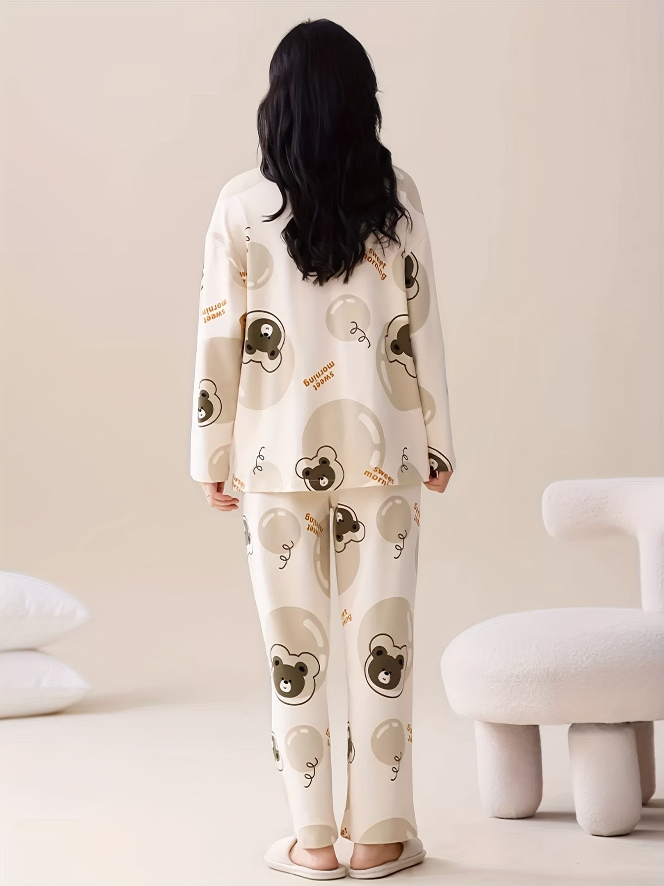 Bear Print Pajama Set Long Sleeve Crew Neck Top & Lounge Pants