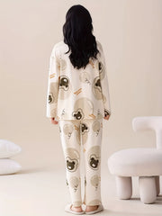 Bear Print Pajama Set Long Sleeve Crew Neck Top & Lounge Pants