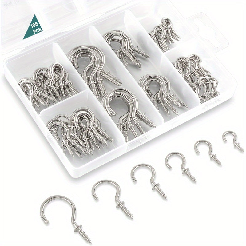 105pcs Cup Hooks Screw-in Kit for Hanging Jewelry Silvery