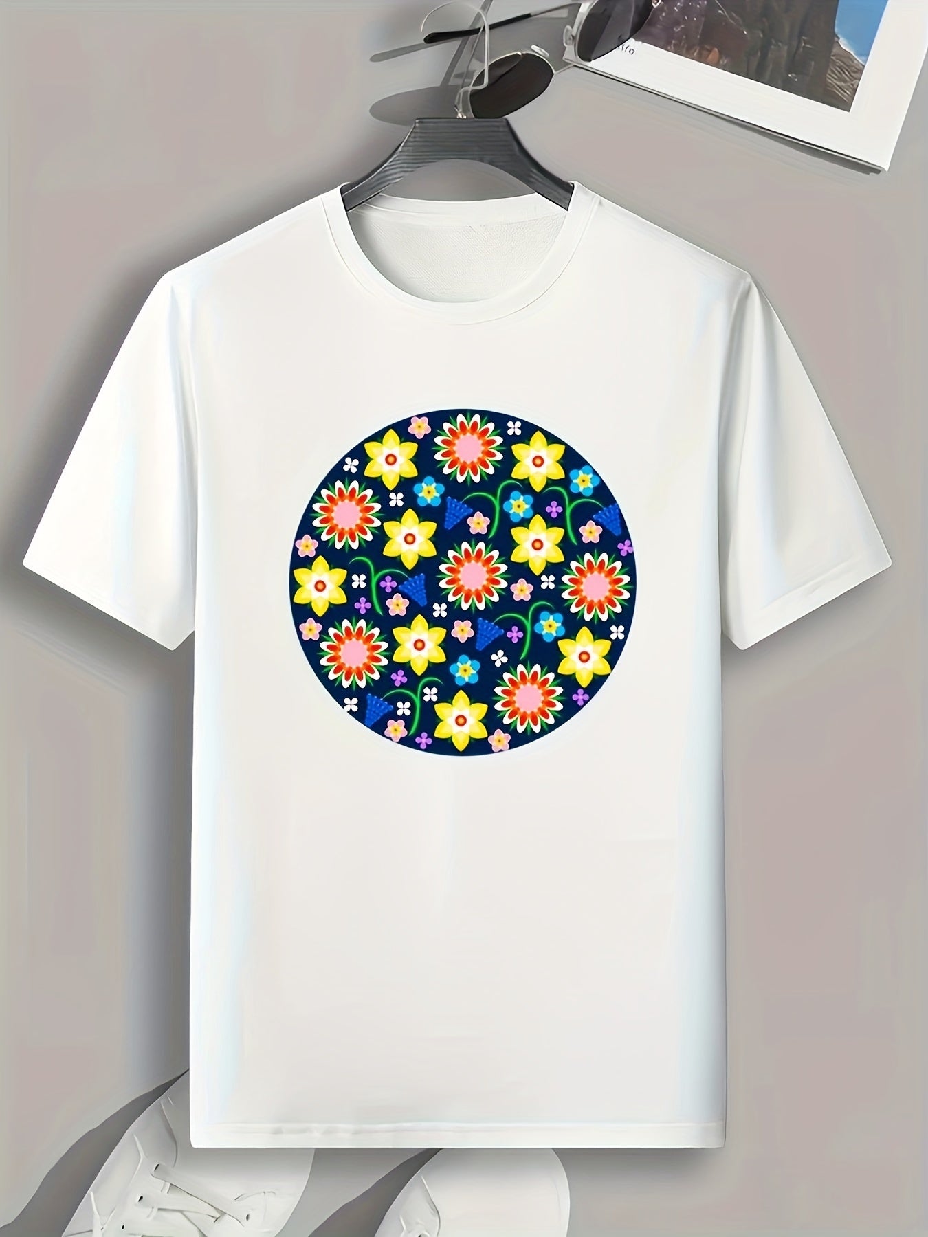 Men's Floral Print Stretch Tee for Outdoor Summer