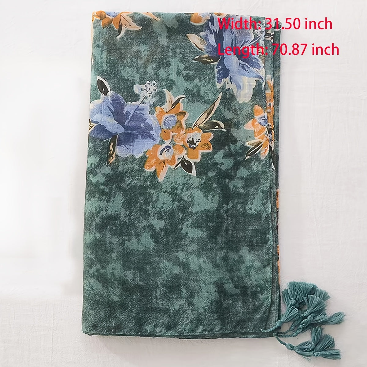 Dark Green Flower Scarf Vintage Ink Tie Dye Tassel Shawl 31 50'