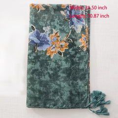 Dark Green Flower Scarf Vintage Ink Tie Dye Tassel Shawl 31 50'
