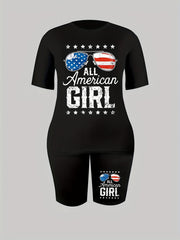 Women's Plus Flag Glasses & Star Print Crew Neck Top & Shorts Set