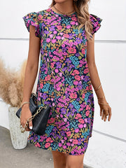 Floral Print Ruffle Trim Dress Boho Keyhole Mini Dress Women's Clothing