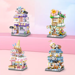 City Street View Building Block Set DIY Ice Cream Coffee Flower Shop Model Toy