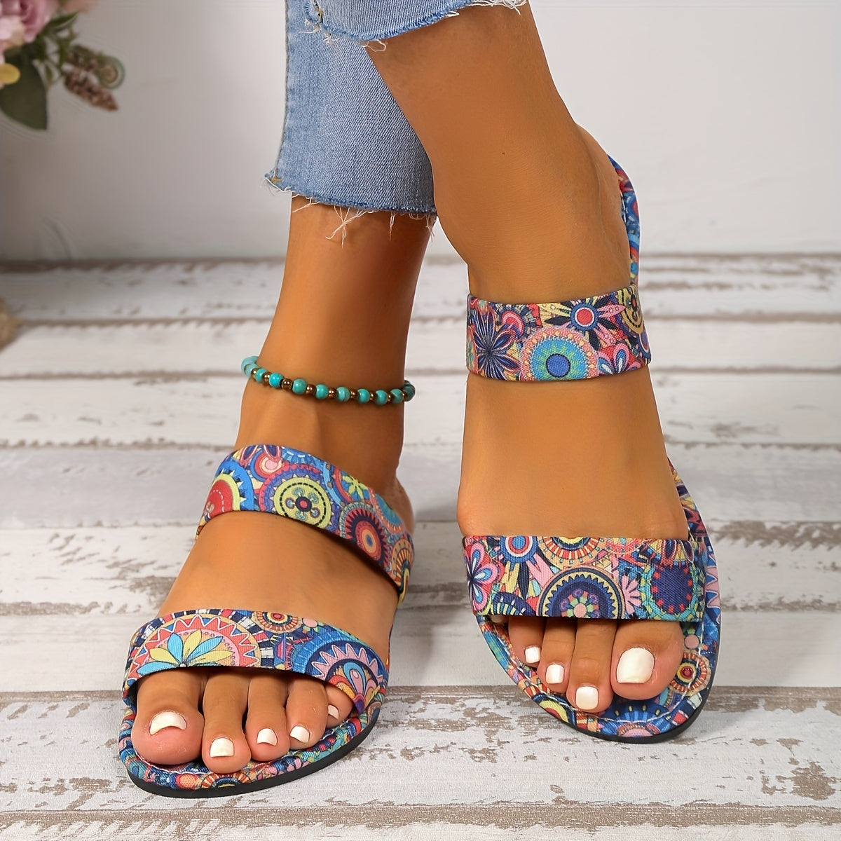 Floral Slide Sandals Double Strap Summer Flats Lightweight Beach Shoes