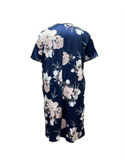 Plus Floral Print V Neck Loungewear Dress Women's Nightdress