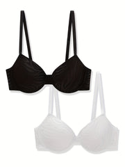 2pcs Solid Push Up Bras Comfy & Breathable Women's Lingerie