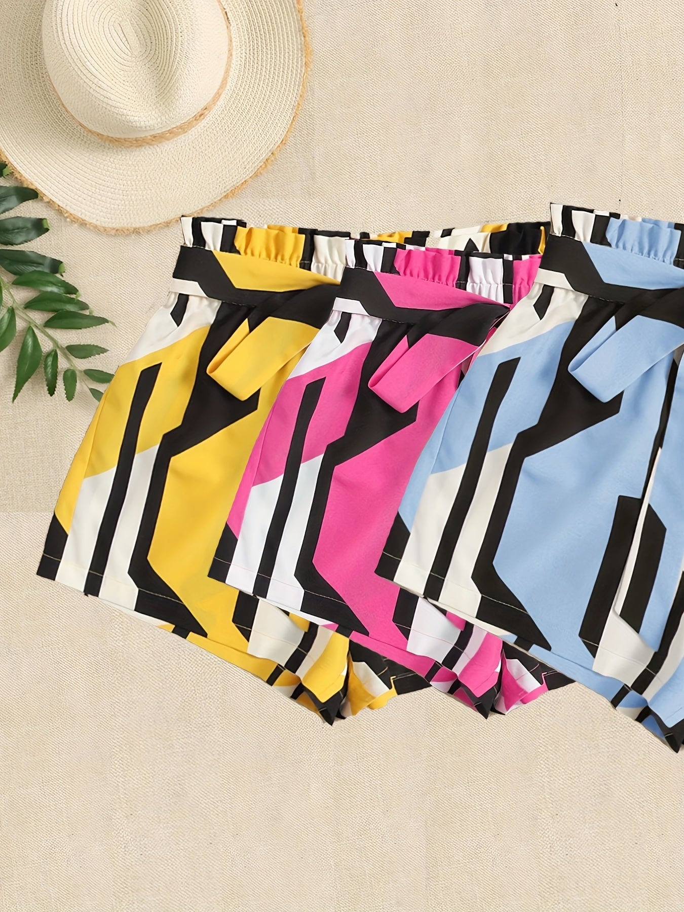 Geometric Print 3-Pack Shorts Women's Casual Elastic Waist Lace Up