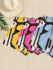 Geometric Print 3-Pack Shorts Women's Casual Elastic Waist Lace Up