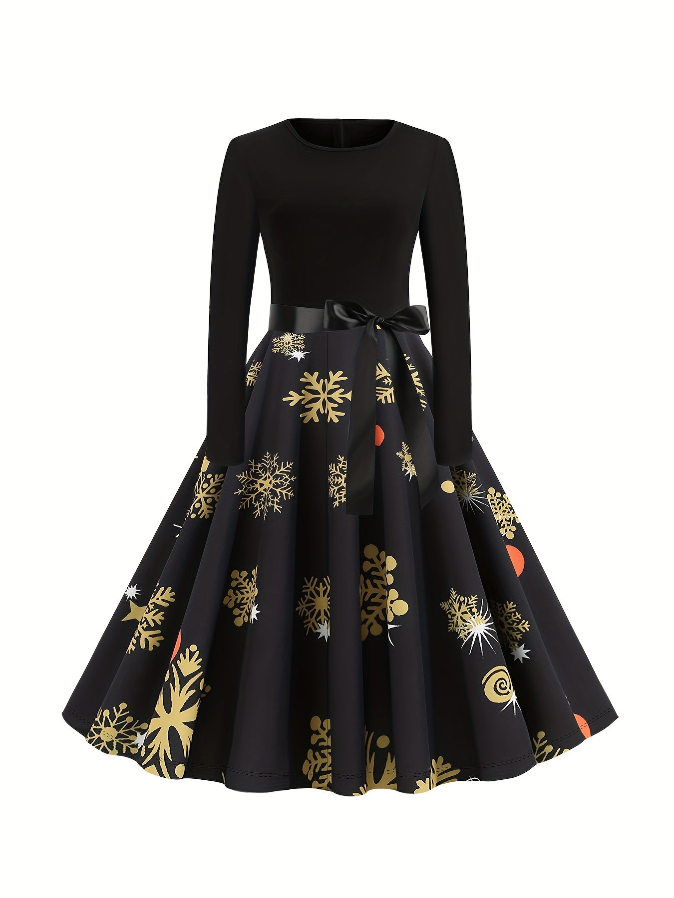 Snowflake Print Knot Front Long Sleeve Round Neck A line Maxi Dress