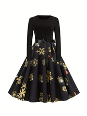Snowflake Print Knot Front Long Sleeve Round Neck A line Maxi Dress