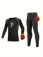 Kids Compression Fleece Sets Rugby Pattern Pullover & Matching Pants