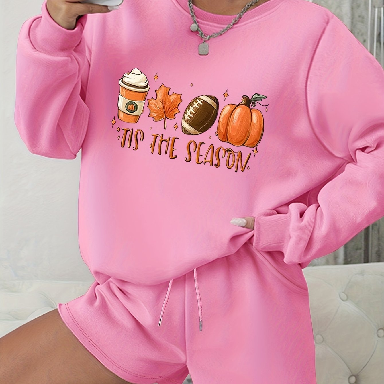 Women's Plus Graphic Print Long Sleeve Sweatshirt & Shorts Set