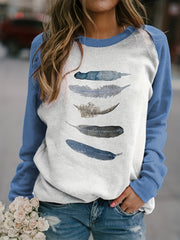 Feather Print Sweatshirt Long Sleeve Casual Shoulder Sweatshirt