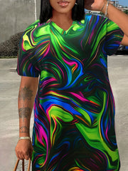 Random Print Short Sleeve V Neck Dress With Pockets