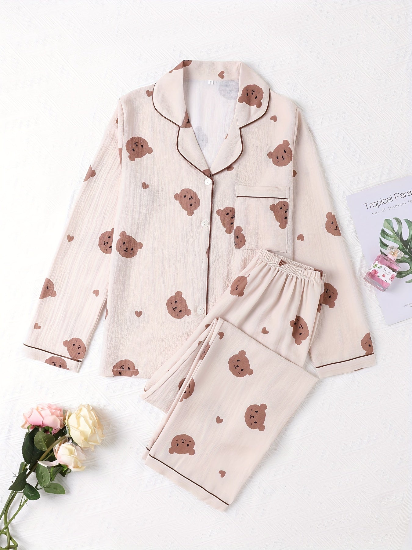 Bear Print Pajama Set Long Sleeve Top & Pants Women's Sleepwear