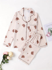Bear Print Pajama Set Long Sleeve Top & Pants Women's Sleepwear