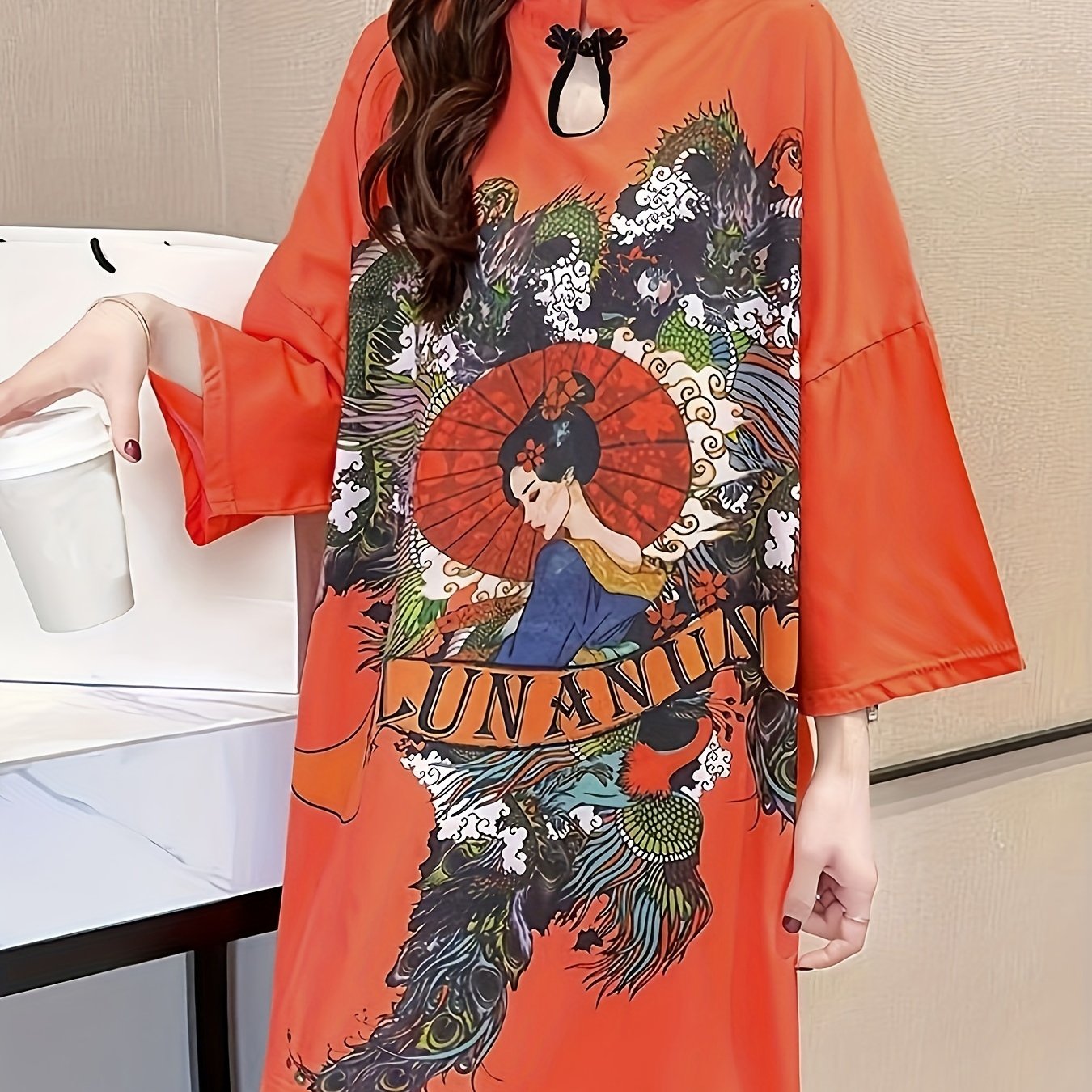 Cheongsam Sleep Dress Ethnic Style 3/4 Sleeve Nightwear