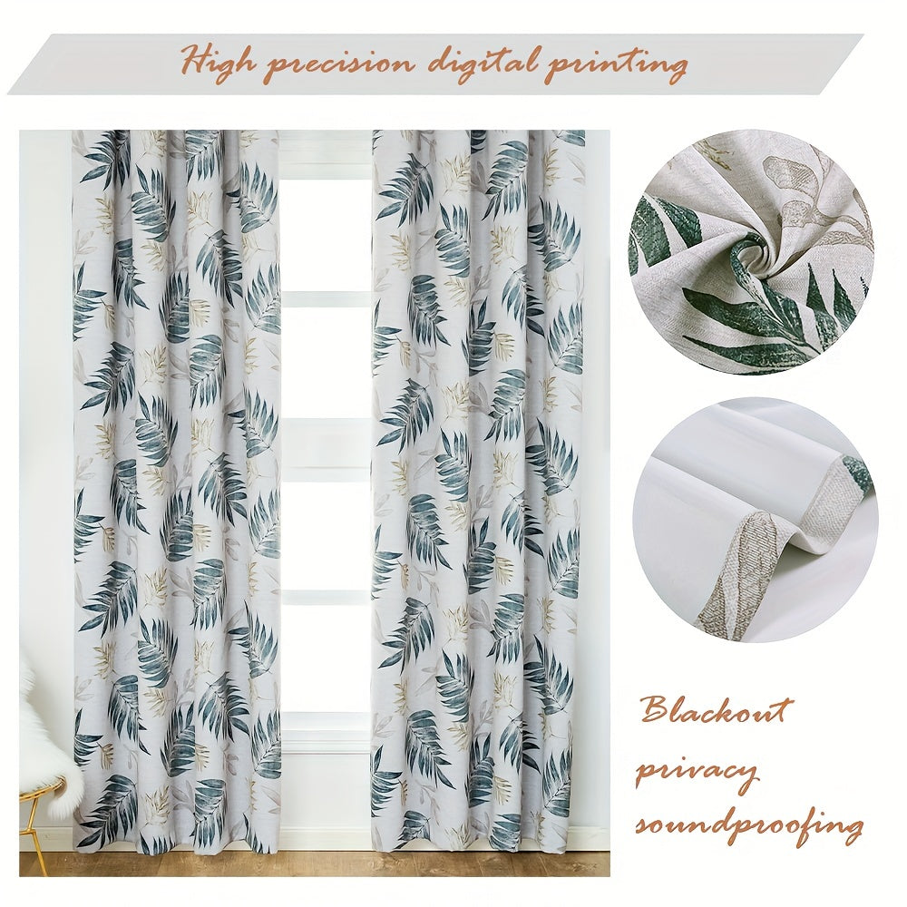 Leaf Printed Blackout Curtain Set with Pleat Hooks