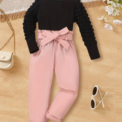 Girl's Ribbed Long Sleeve Top & Belted Pants Set - Casual Outfits