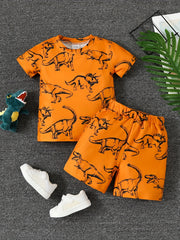 2pcs Little Boy Casual Dinosaurs Graphic Short Sleeve Tees & Shorts Set