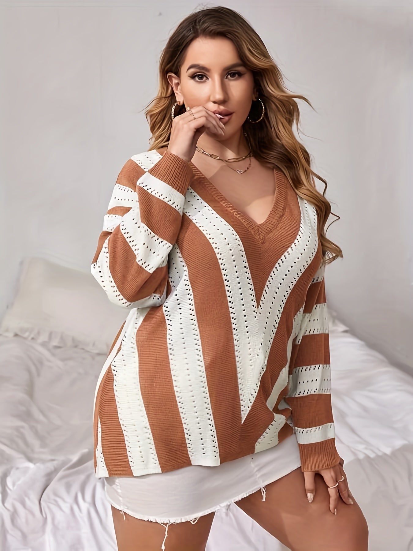 Casual Sweater Women's Plus Colorblock Striped Print