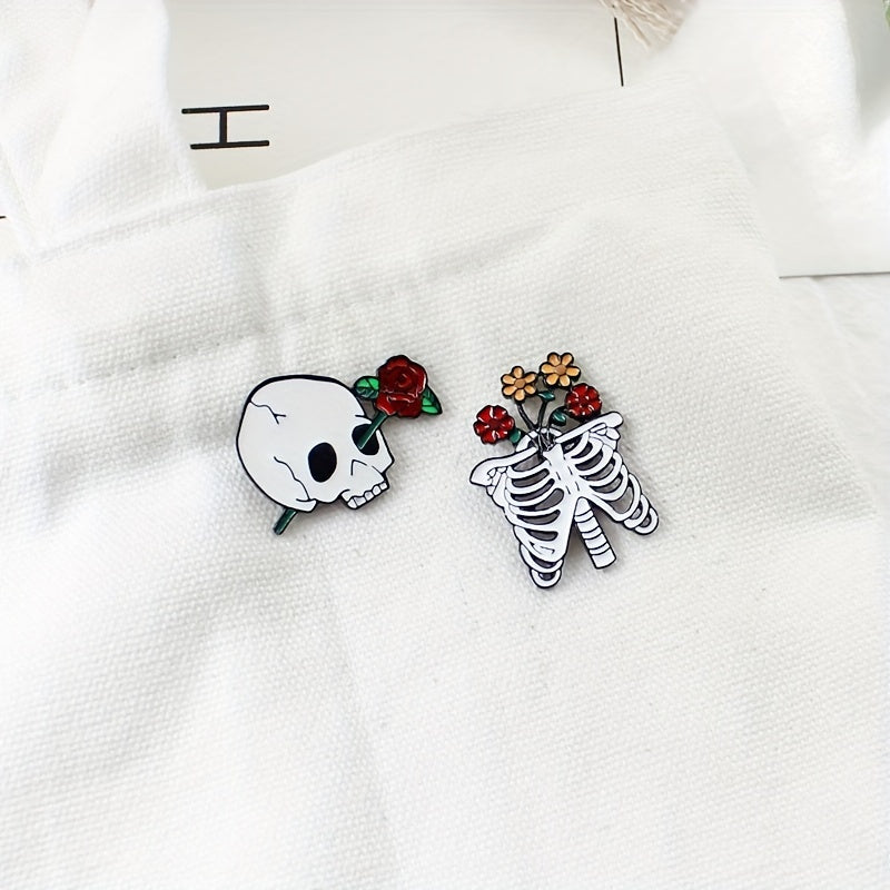 Enamel Skull Skeleton Rose Flower Drop Alloy Brooch Girls Bag Jewelry