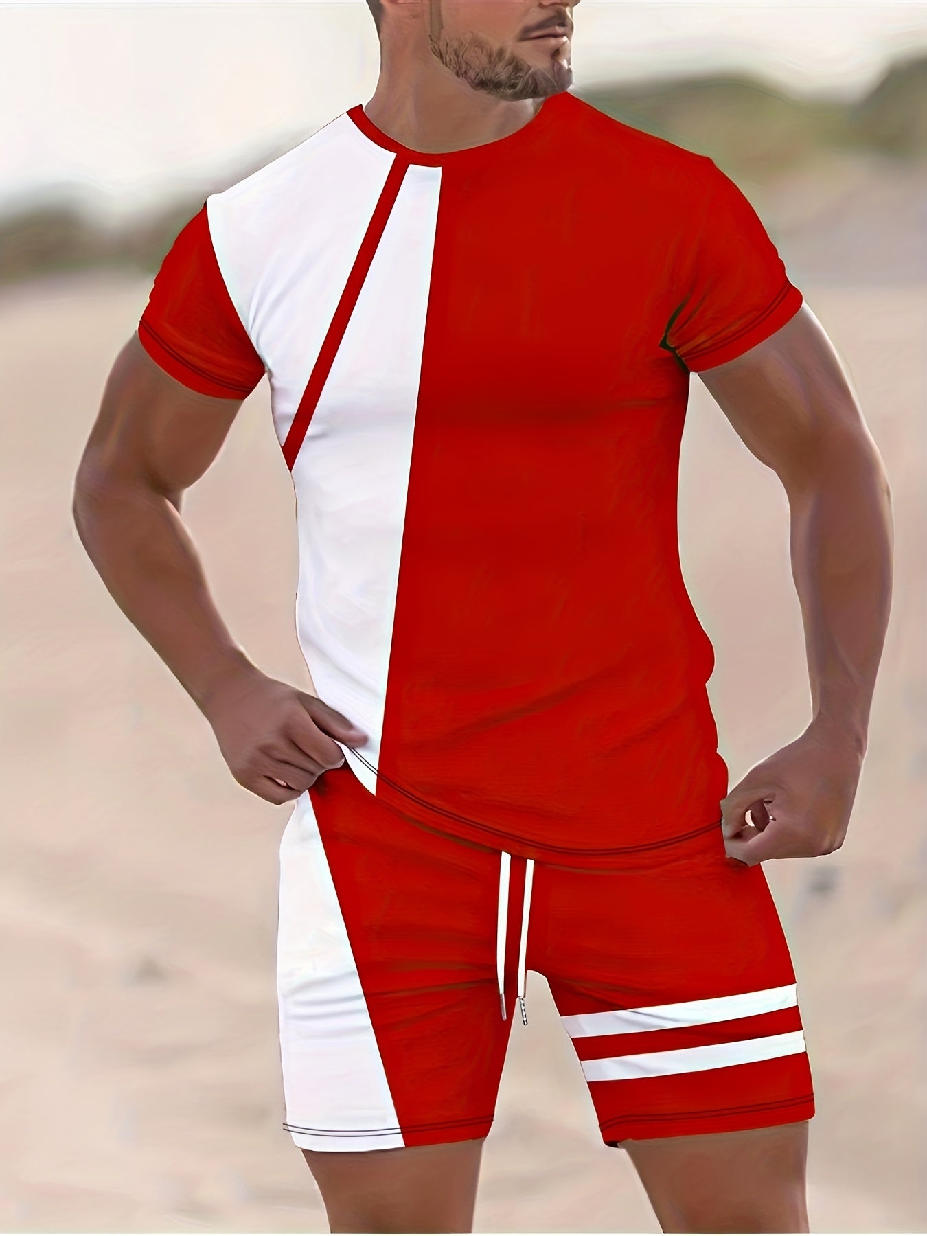 Men's 2Pcs Casual Crew Neck T-shirt & Drawstring Shorts Set