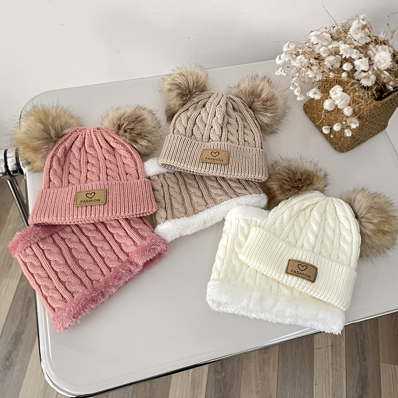 2pcs Baby Knit Scarf Hat Set Pom Pom Beanie Cap & Plush Warm Ring Neck Scarf