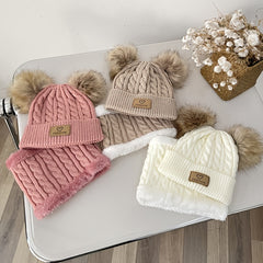 2pcs Baby Knit Scarf Hat Set Pom Pom Beanie Cap & Plush Warm Ring Neck Scarf