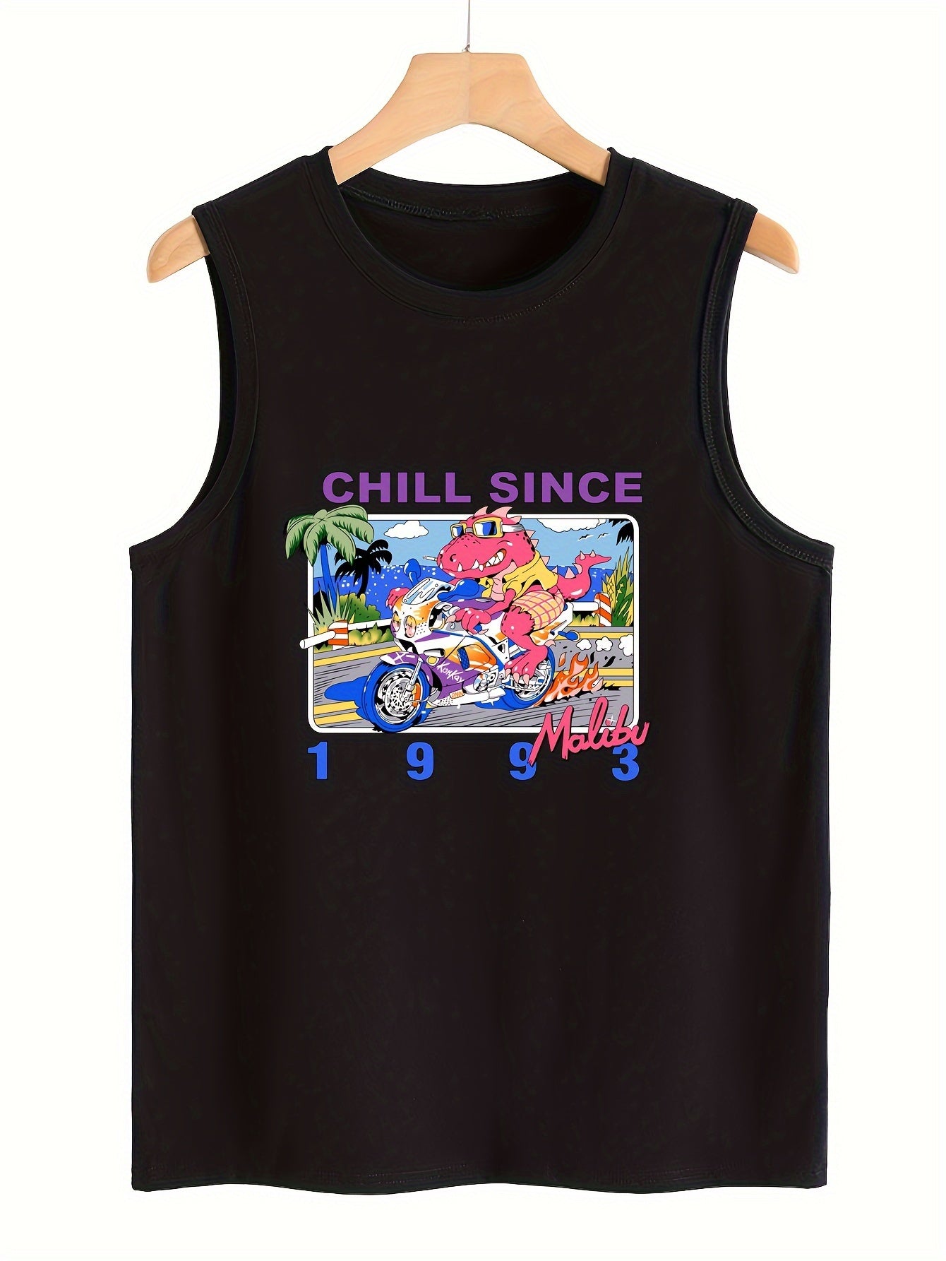 Crocodile & Motorcycle Pattern Sports Vest Round Neck Sleeveless Top