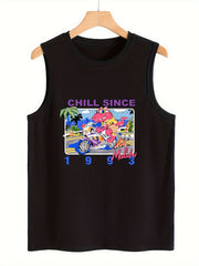 Crocodile & Motorcycle Pattern Sports Vest Round Neck Sleeveless Top