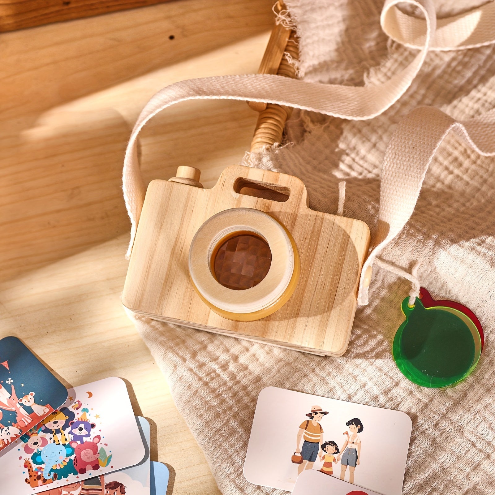 Wooden Cartoon Camera Toy for Kids with Strap and Cards