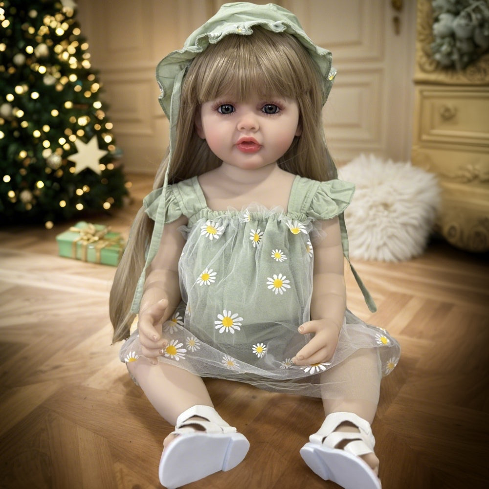 22 Inch Reborn Doll with Long Blond Hair Green Daisy Outfit Sandals