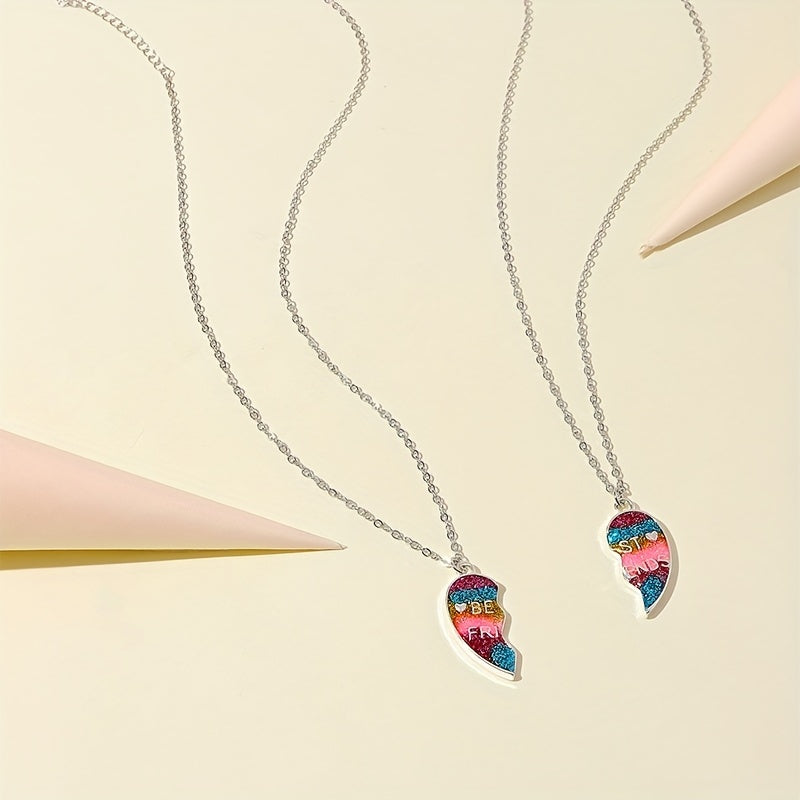 2pcs Girls Rainbow Glitter Heart Pendant Necklace Set