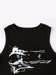 Y2k Graffiti Print Crop Tank Top Sleeveless Crew Neck Summer Women's Clothing