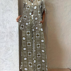 Greek Print Button Up Blouse & Wide Leg Pants Set