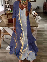 Casual Two-piece Dress Set Half Sleeve Coat & Marble Print Tank Dress