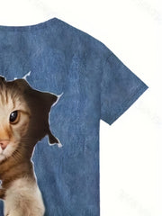 3D Cat Graphic Crew Neck Tee Girls Casual Pullover Top
