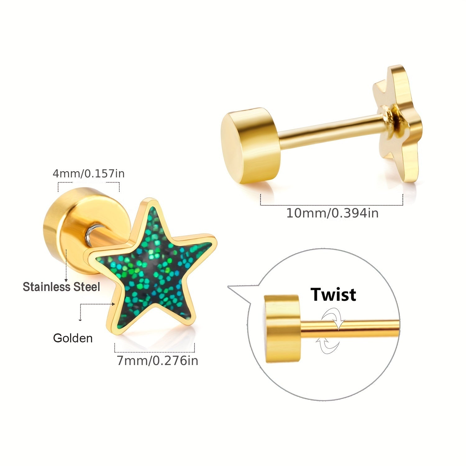 6 Pairs Mini Glitter Pentagram Star Screw Stud Earrings Golden Silver