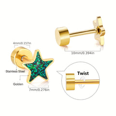 6 Pairs Mini Glitter Pentagram Star Screw Stud Earrings Golden Silver
