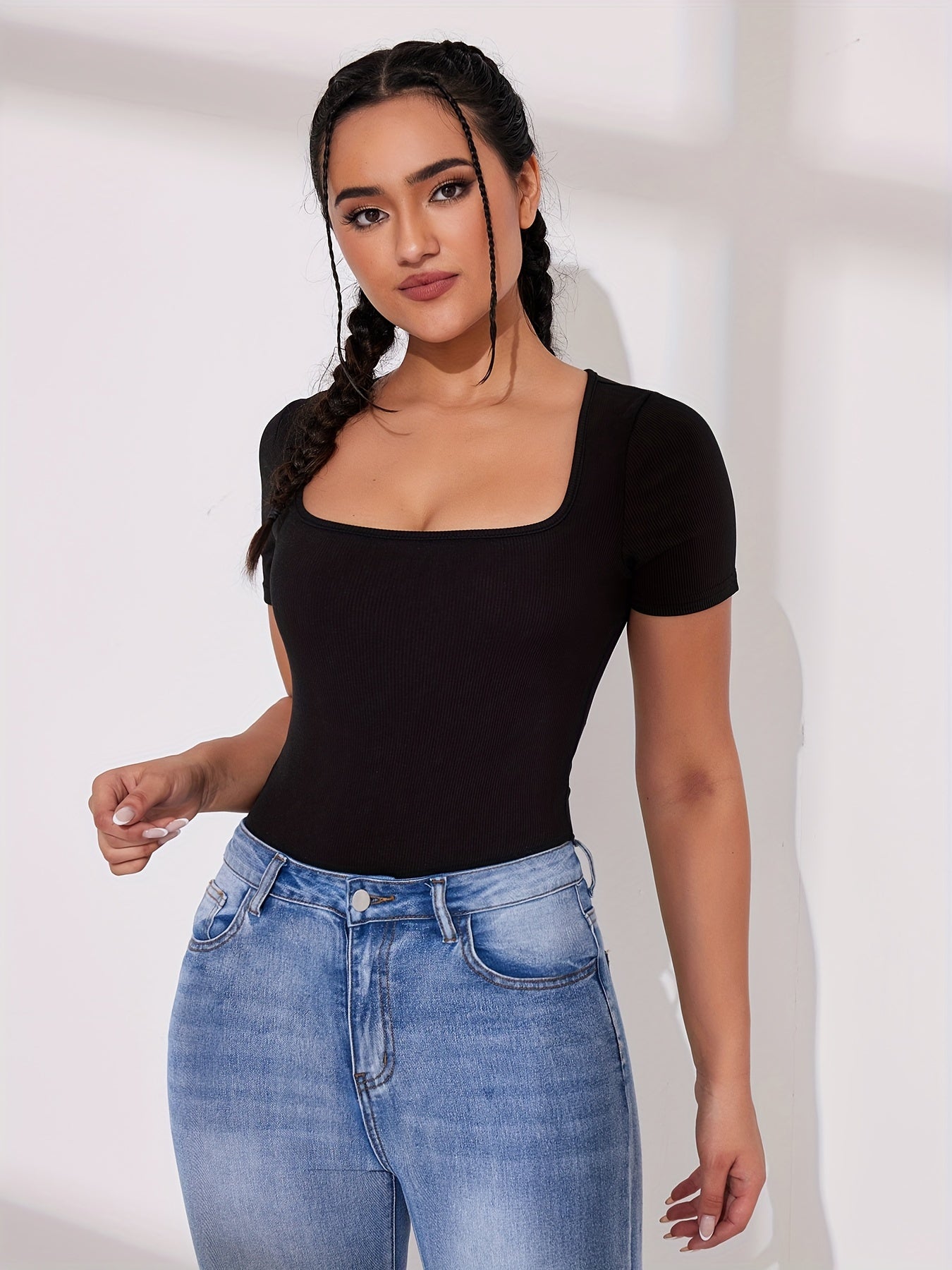 Square Neck Bodycon Seamless Short Sleeve Yoga Bodysuit
