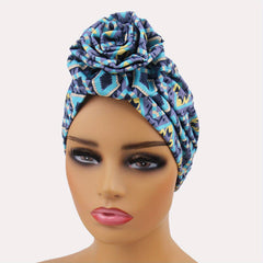 Boho Striped Flower Turban Cap Elastic Head Wrap Bandana