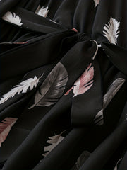 Feather Print Lantern Sleeve Maxi Dress Belt
