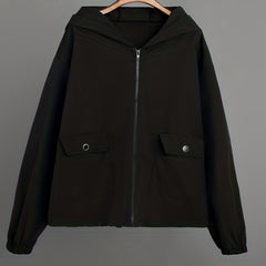 Casual Solid Zip Hooded Jacket with Flap Pockets